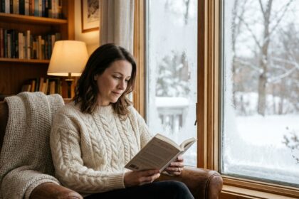 Femme lisant dans un fauteuil confortable près d'une fenêtre hivernale givrée, illustrant bien-être visuel et détente oculaire en hiver