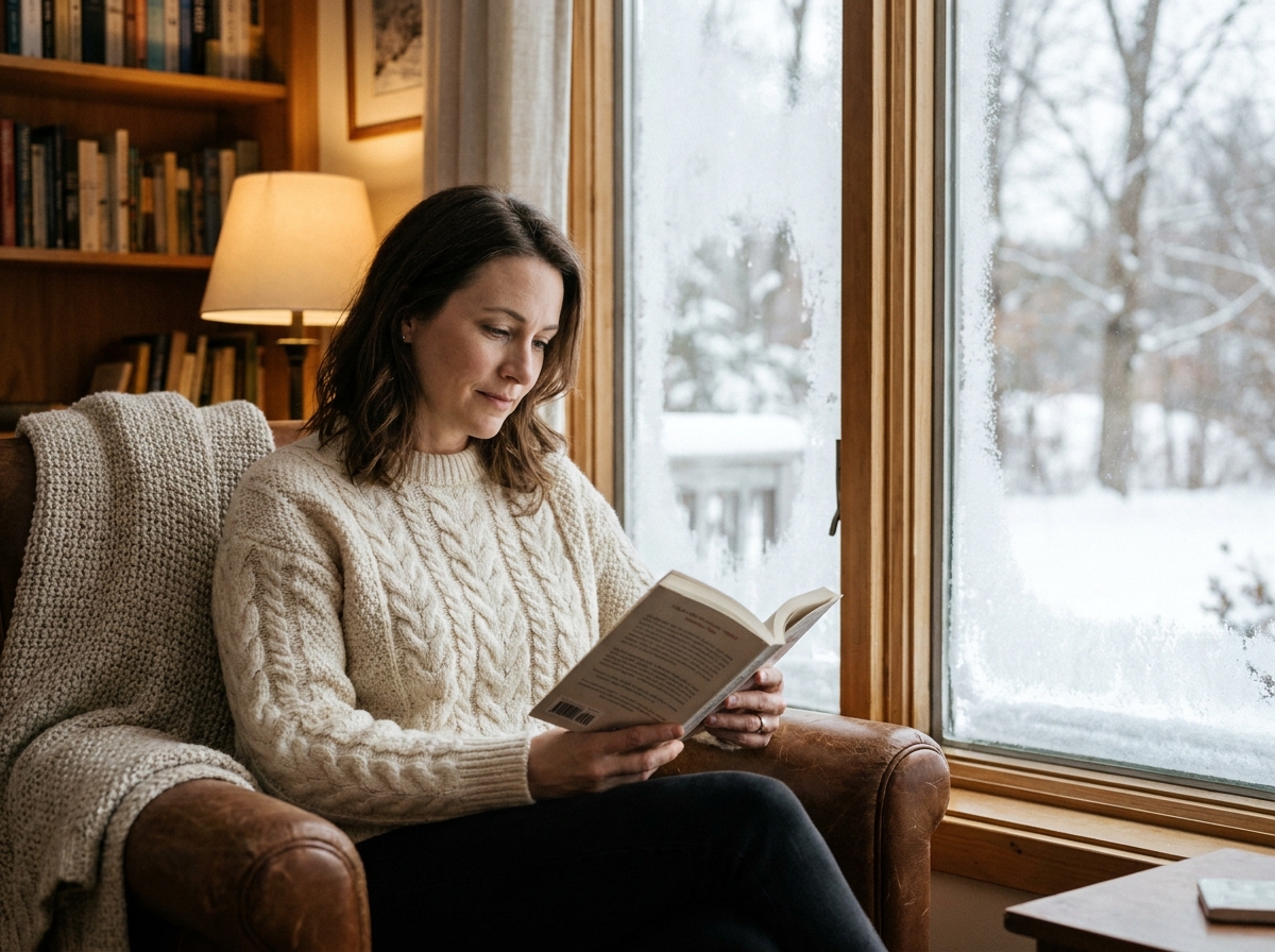 Femme lisant dans un fauteuil confortable près d'une fenêtre hivernale givrée, illustrant bien-être visuel et détente oculaire en hiver
