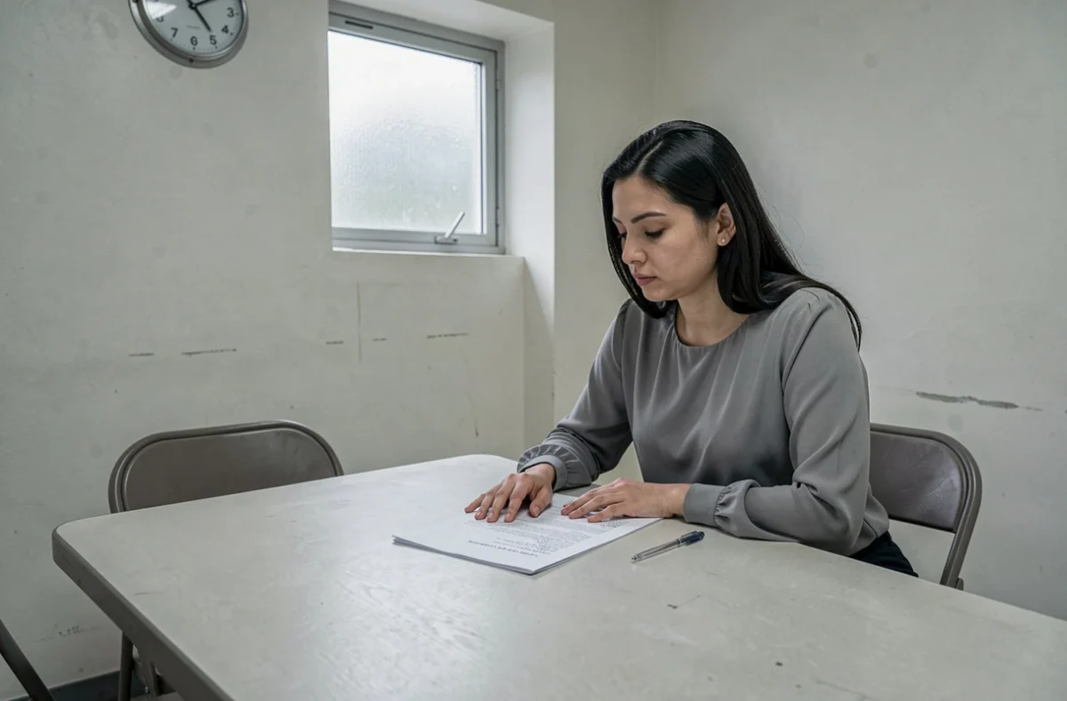 Femme étudiant un document officiel de remise de peine dans une salle administrative carcérale