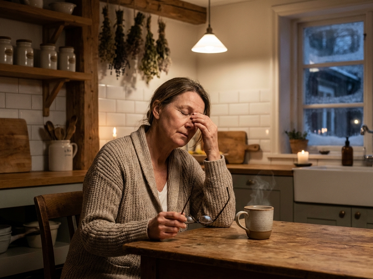 Femme retirant ses lunettes le soir dans une cuisine chaleureuse en hiver, symbolisant le soulagement oculaire et son impact sur la qualité du sommeil