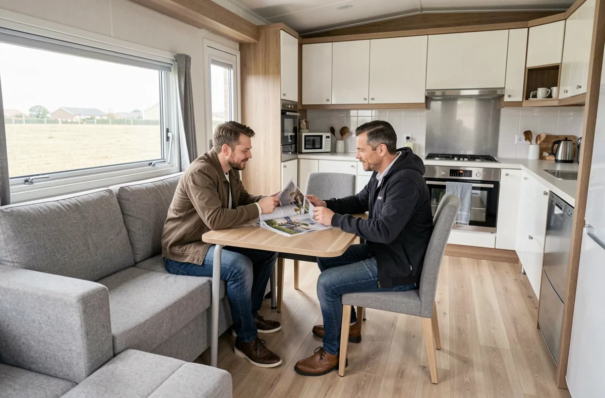 Intérieur élégant d'un mobil-home haut de gamme français avec salon et cuisine ouverte, couple attablé consultant une brochure