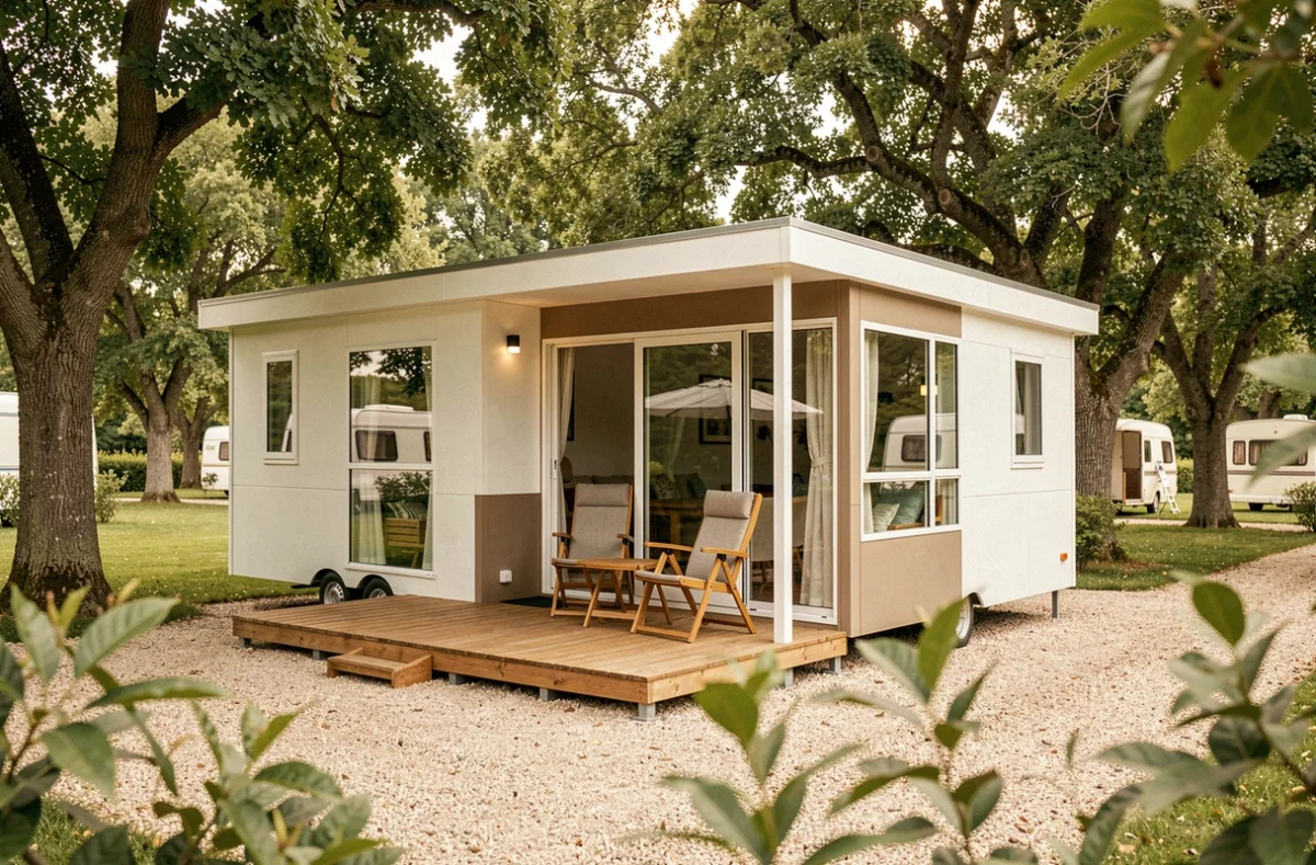 Mobil-home moderne de fabrication française installé dans un camping verdoyant entouré de chênes et d'un chemin en gravier