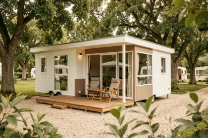 Mobil-home moderne de fabrication française installé dans un camping verdoyant entouré de chênes et d'un chemin en gravier