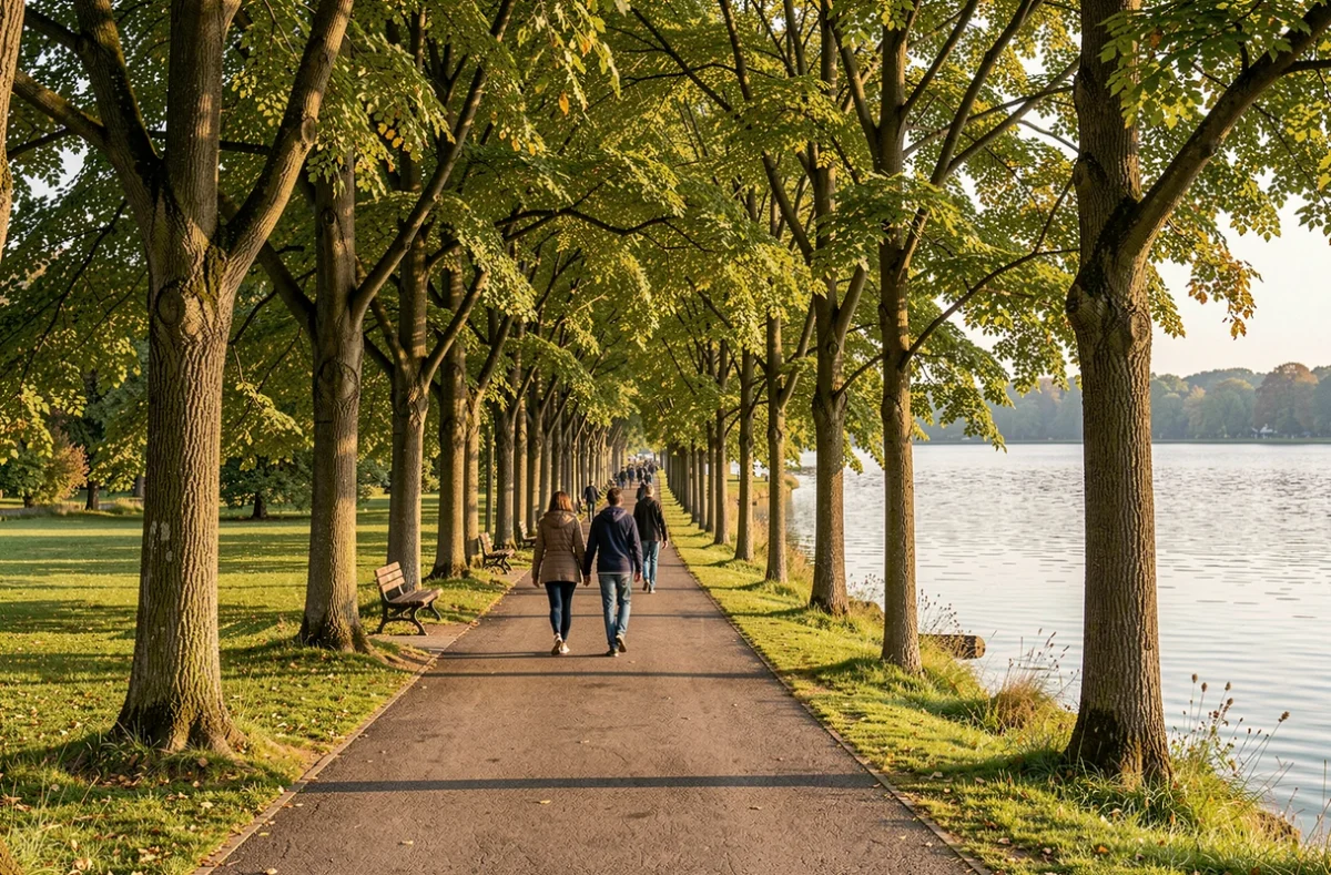 Promeneurs sur le sentier qui longe le lac de Créteil