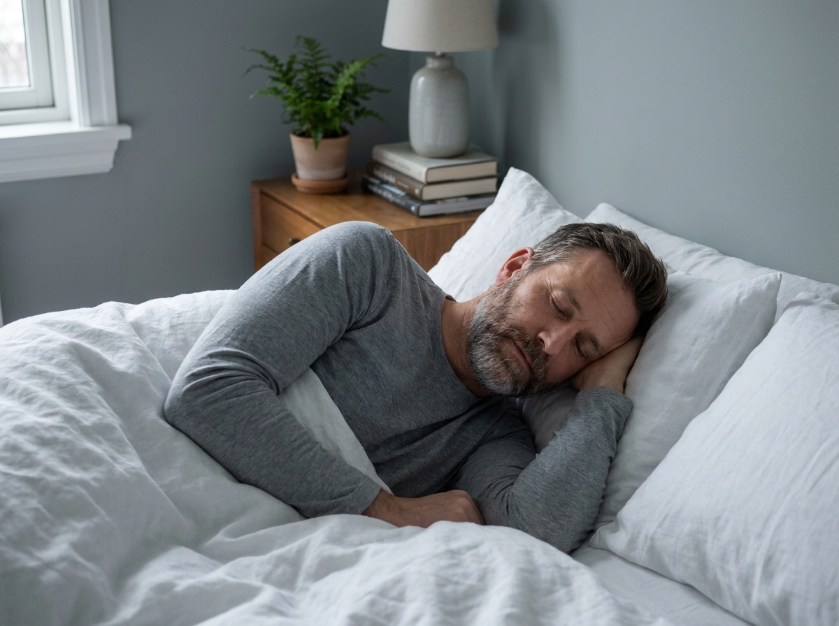 Homme endormi paisiblement dans un lit scandinave minimaliste, évoquant le lien entre une bonne vision et un sommeil de qualité en hiver